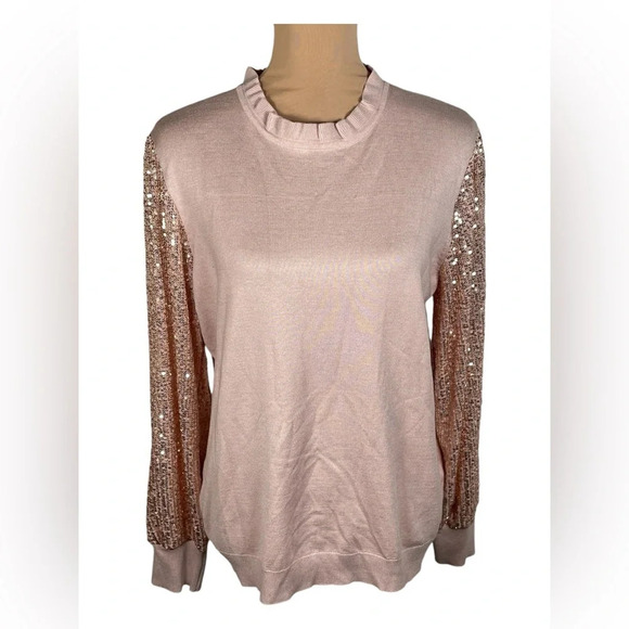 Adrianna Papell Sweater‎ with puffy sequence long sleeves, Antique Rose, XL. - Picture 1 of 9
